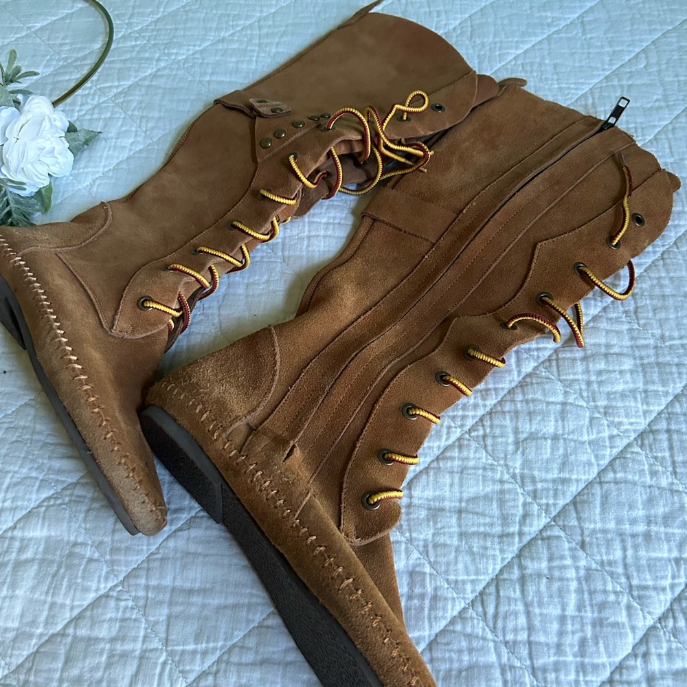 Peace Mocs Lace Up Suede Leather Boho Hippie Tall Moccasin Boots 7 - Picture 9 of 14